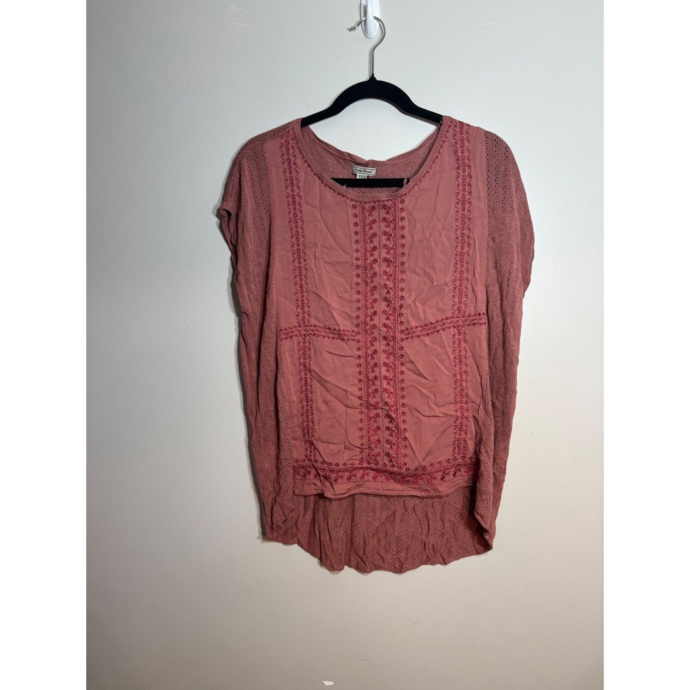 Lucky Brand Womens XS/S Rose Pink Embroidered Pointelle Knit High Low Top